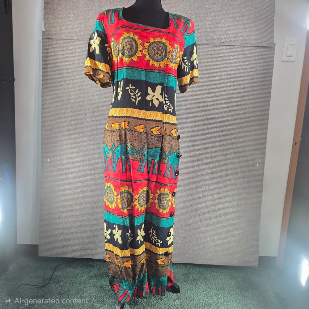 WNY Women Size 10 Multicolor Vintage Elephant Sunflower Print Maxi Dress